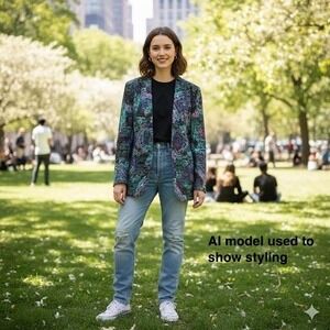 Vintage Abstract Print Blazer Blue Green Purple Geometric Pattern Jacky no tags